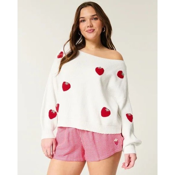 Hollister Sweaters - Hollister Strawberry Off-The-Shoulder Sweater Size S Whimsical Cottagecore